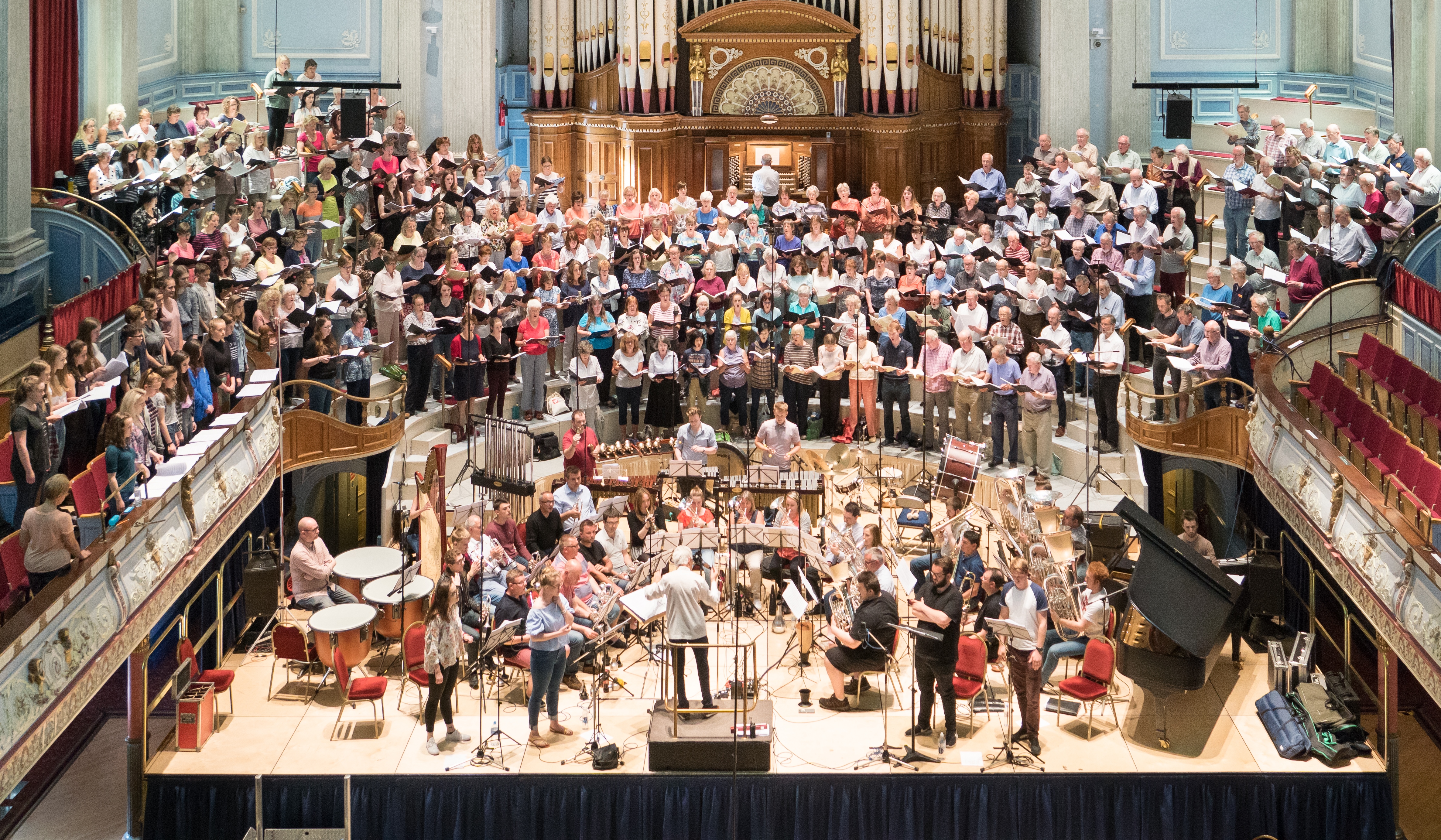 Recording the Holy Face at Huddersfield Town Hall, summer 2017 with members of Sheffield Philharmonic Chorus, Yorkshire Youth Choir (in the balcony to the left) and Black Dyke Band. One of the unique bicentenary occasions captured by the Photographic Society